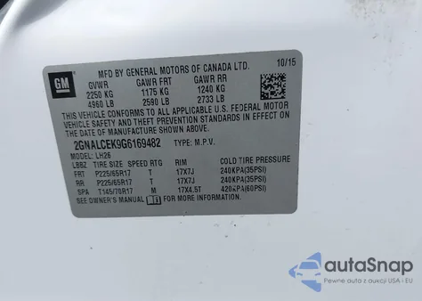 2016 Chevrolet Equinox Lt из США, поврежденный, VIN 2GNALCEK9G6169482